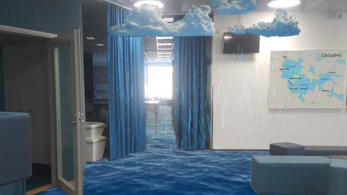 Augmented reality showing a flooded classroom 